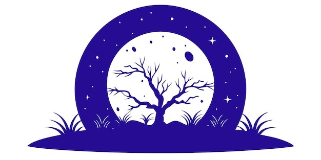 Vector full moon desert scene silhouette of trees and moonlit landscape