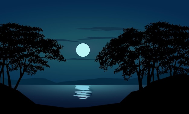 Full moon over lake Vector nighttime landscape