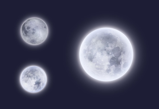 Full moon in night sky 3d design. Realistic detailed white glowing surface of space planets satellite, near and far sides of Moon or luna with bright light halo, space and astronomy science