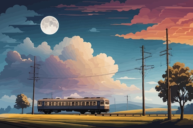 Vector full moon night train illustration