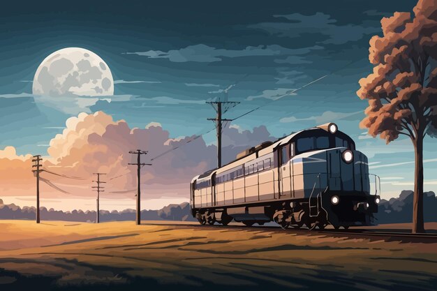 Vector full moon night train illustration