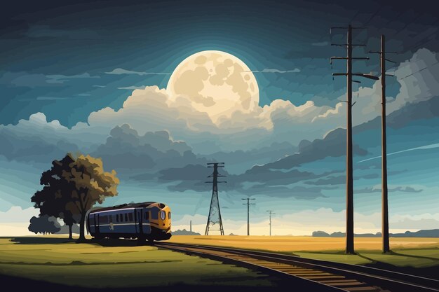 Vector full moon night train illustration