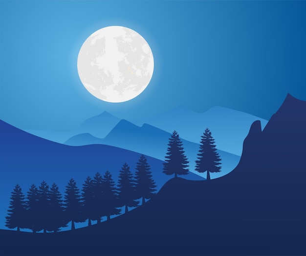 Full moon night with mountain view vector illustration