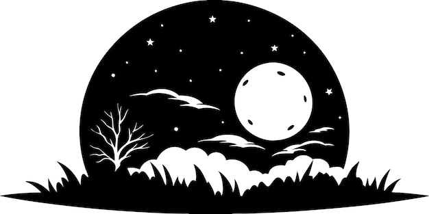 Vector full moon nightscape desert silhouette with moon and trees