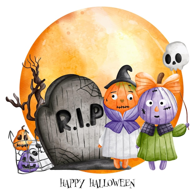 Full moon RIP gravestone Halloween pumpkin kids Happy Halloween watercolor vector illustrationxDxA