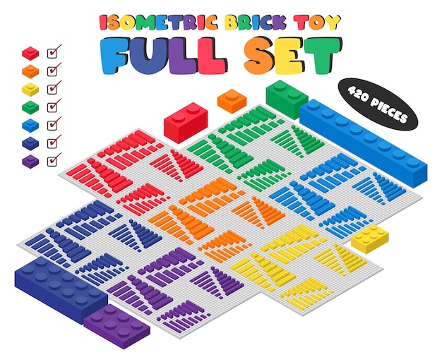 Full set of multicolored 3d children brick toy isometric style. Plastic brick toy set vector design