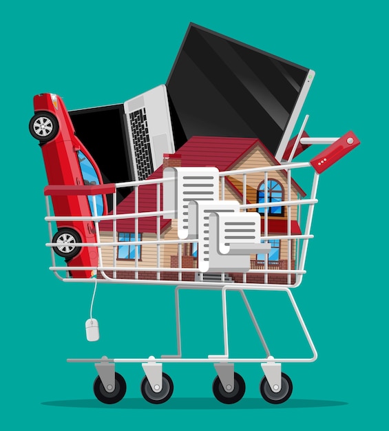 Vector full supermarket shopping cart isolated on green background. metal shop trolley on wheels with house building, car, laptop, tv and receipt check. vector illustration in flat style