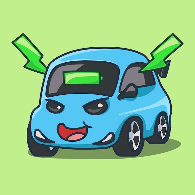 Vector fullcharged blue ev car cute cartoon for electric vehicle tech