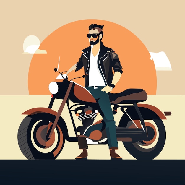 Vector fulllength man in a black vest and glasses on a harley motorcycle vector illustration flat 2