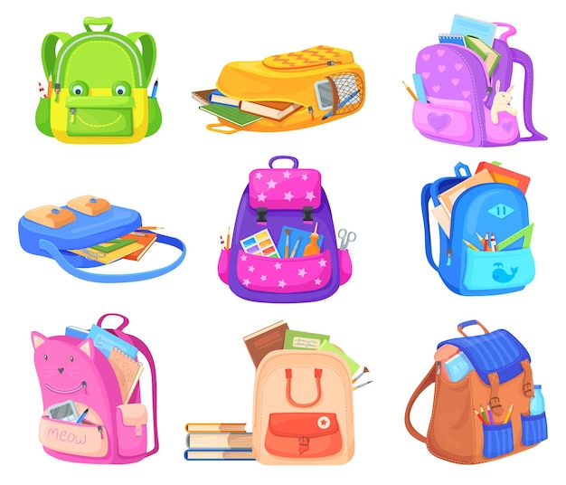 Fullness school knapsack Stationary open schoolbag supply stationery students elements children rucksack kids backpack full study accessories equipment neat vector illustration