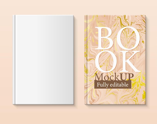 Vector fully editable book mockup book cover with marbled paper in brown and gold tones