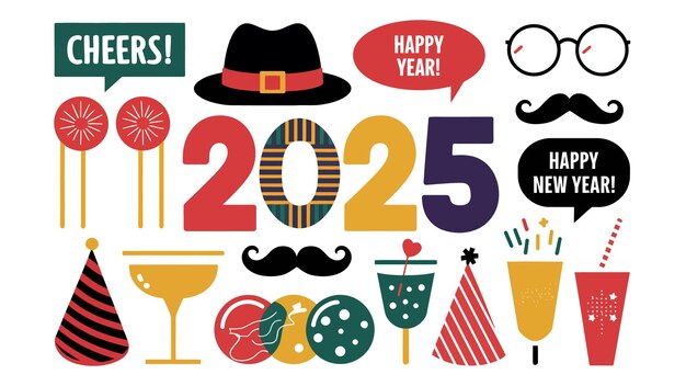 Vector fun 2025 party props vector collection with glasses mustaches hats and festive speech bubbles