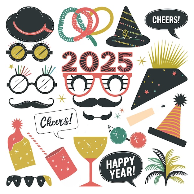 Vector fun 2025 party props vector collection with glasses mustaches hats and festive speech bubbles