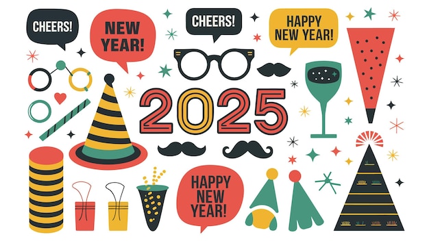 Vector fun 2025 party props vector collection with glasses mustaches hats and festive speech bubbles