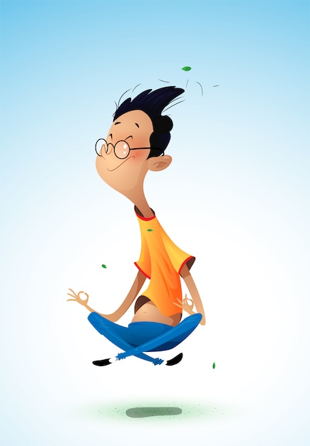 Fun boy character's meditation. Cartoon 