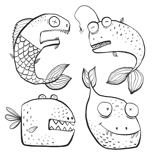 Fun Cartoon Black and White Outline Art Fish Characters for Coloring Book. Coloring pages for kids.