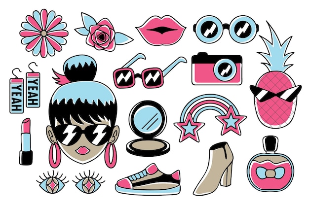 Fun and cool fashion stuff doodle vector Retro art vector style