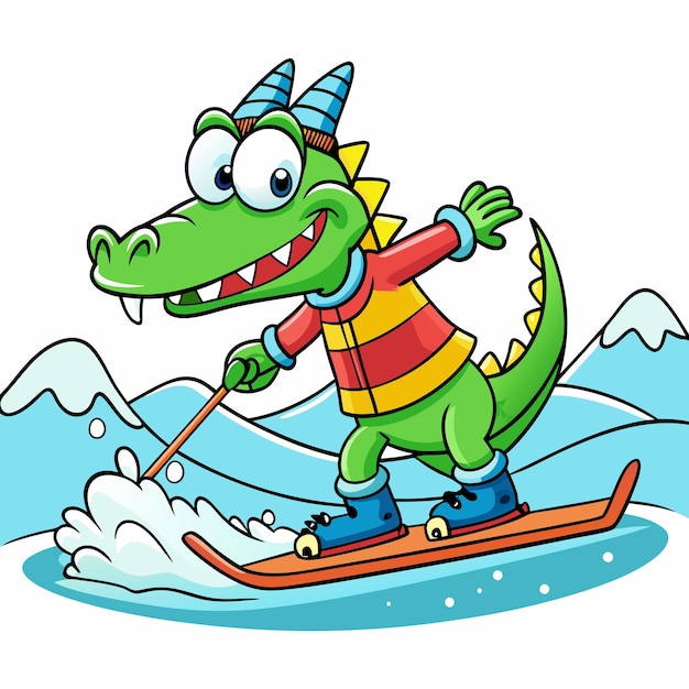 Fun Crocodile Playing Ice Ski Cartoon Vector Illustration