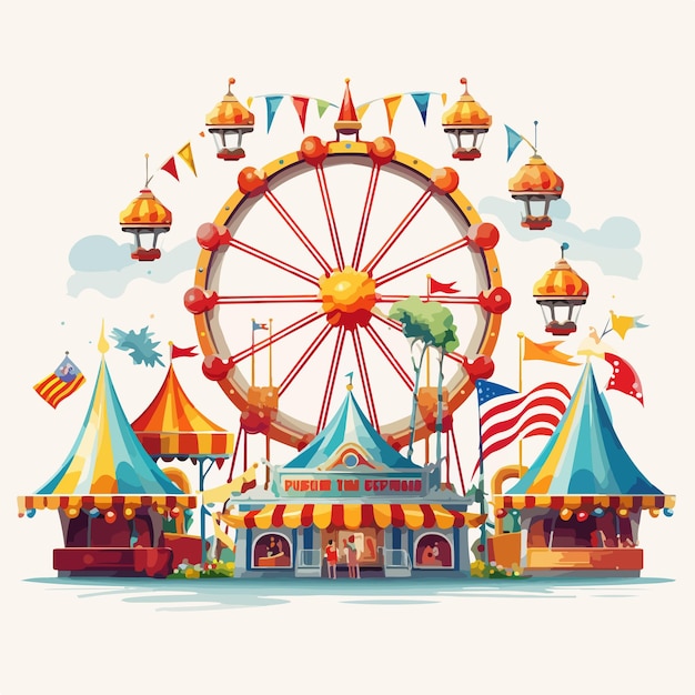 Vector fun fair sign and circus rides illustration with vibrant background