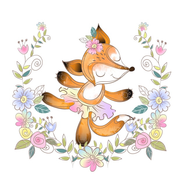 Vector fun fox ballerina in a wreath of flowers