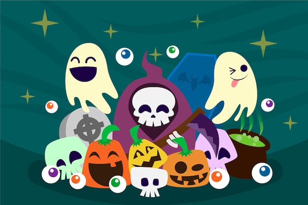 Fun Halloween Background Cartoon Hand Drawn Flat Illustration