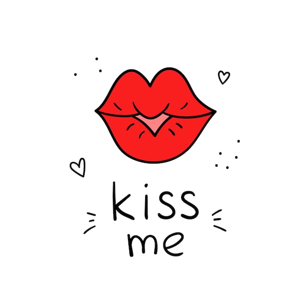 Fun hand drawn illustration with lips and lettering kiss me. Great for mugs, posters and t-shirts. Trendy vector picture.