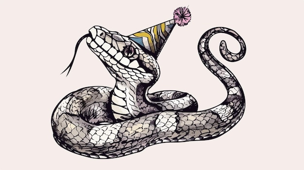 Vector fun handdrawn snake in party hat vector illustration