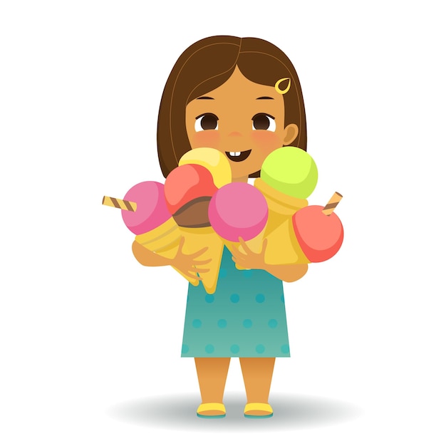 Fun happy kid holds a lot of ice cream vector illustration