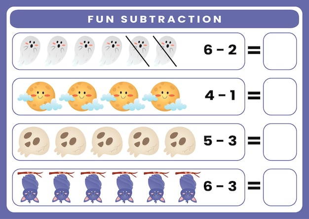 Fun subtraction worksheet for kids theme halloween