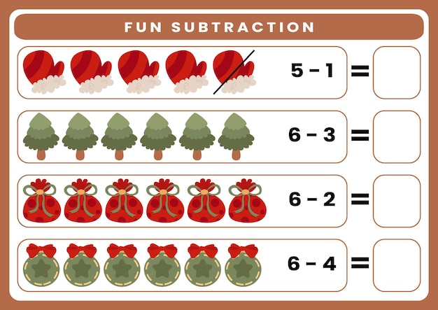 Fun subtraction worksheet theme Christmas for kids