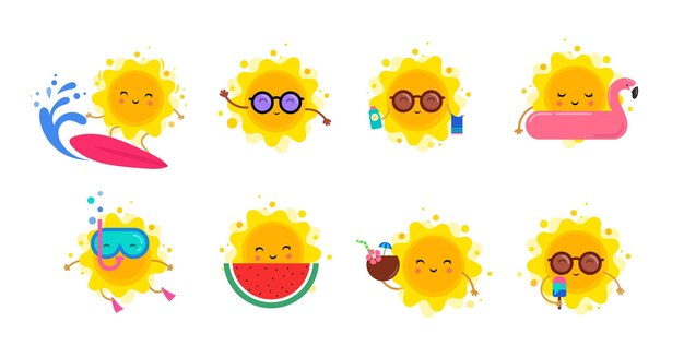 Vector fun summer elements sun characters icons with ice cream watermelon surfboard and swimming pool float