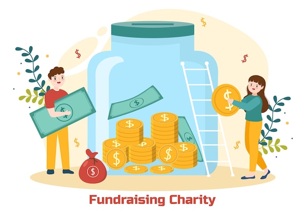 Vector fundraising charity and donation illustration with volunteers putting coin or money in donate box