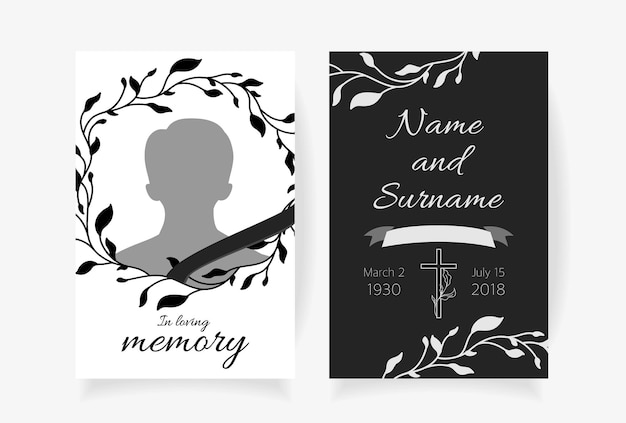 Vector funeral card template design with branches place under photo cross name and dates of death