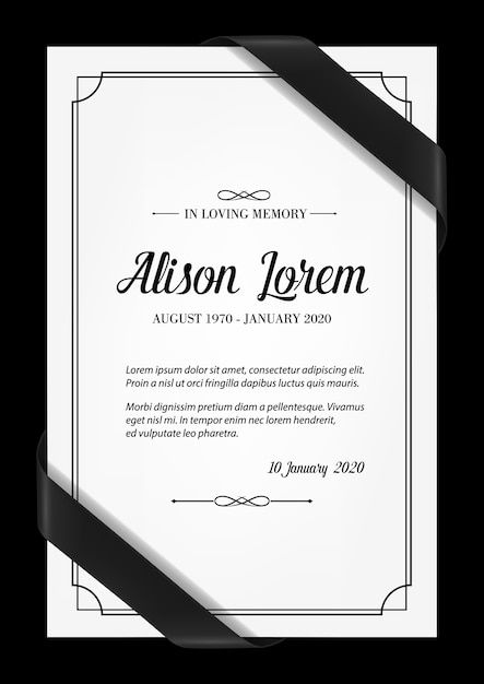 Vector funeral card  template with black frame, mourning ribbons in corners, place for name, birth and death dates. obituary memorial, condolence funeral card , in loving memory typography