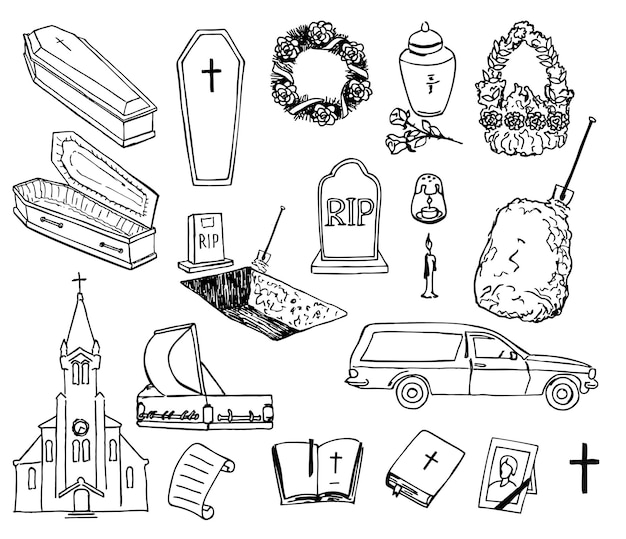 Funeral and cemetery attributes doodle set Collection of high quality outline pictograms sketch