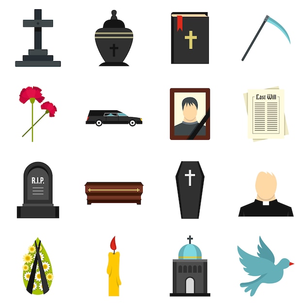 Funeral set flat icons