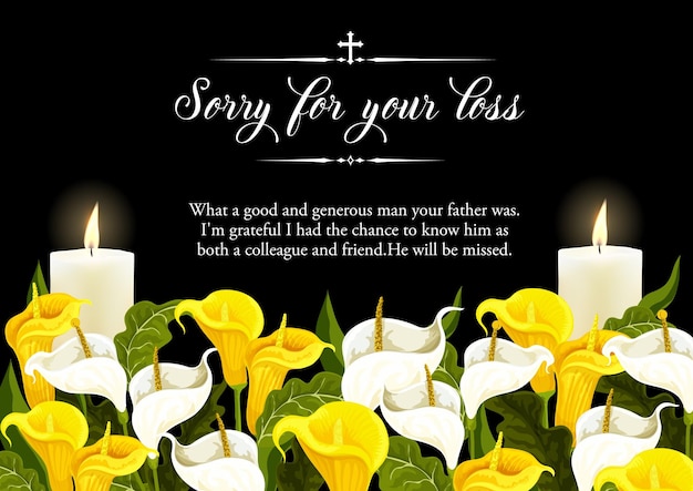 Funerary card template with candle and calla lily