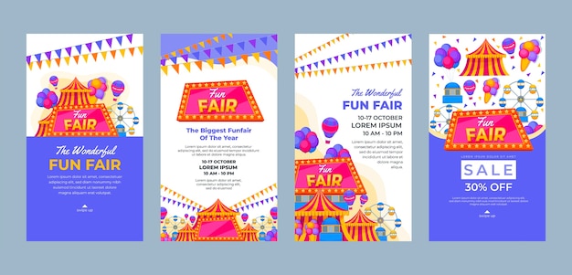 Vector funfair festival and amusement park instagram stories collection