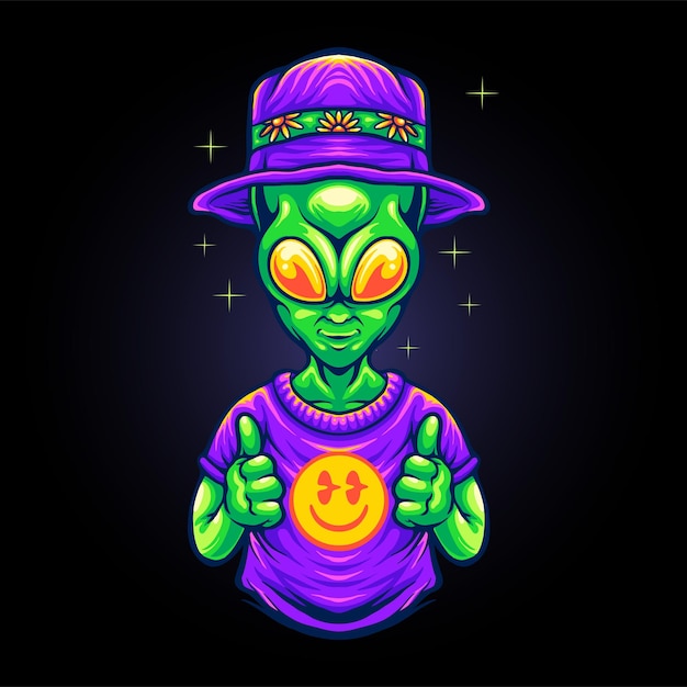 Funky alien with smile emoji illustrations