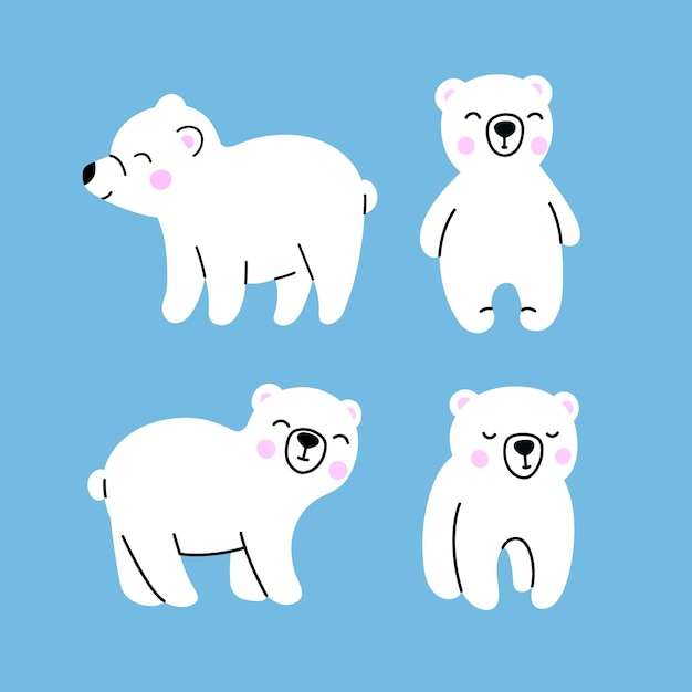 Funny arctic polar bears set on blue background