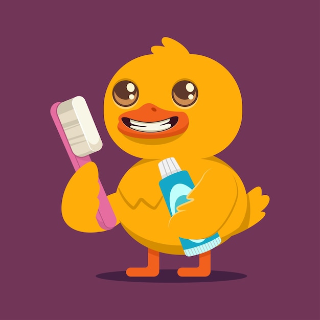 funny baby duck with toothbrush and toothpaste cartoon character isolated on background. 