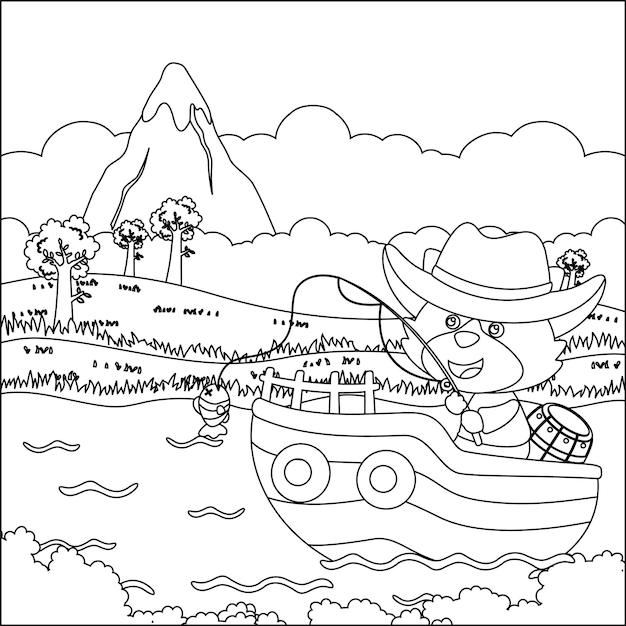 Funny bear cartoon vector on little boat with cartoon style Coloring book or page