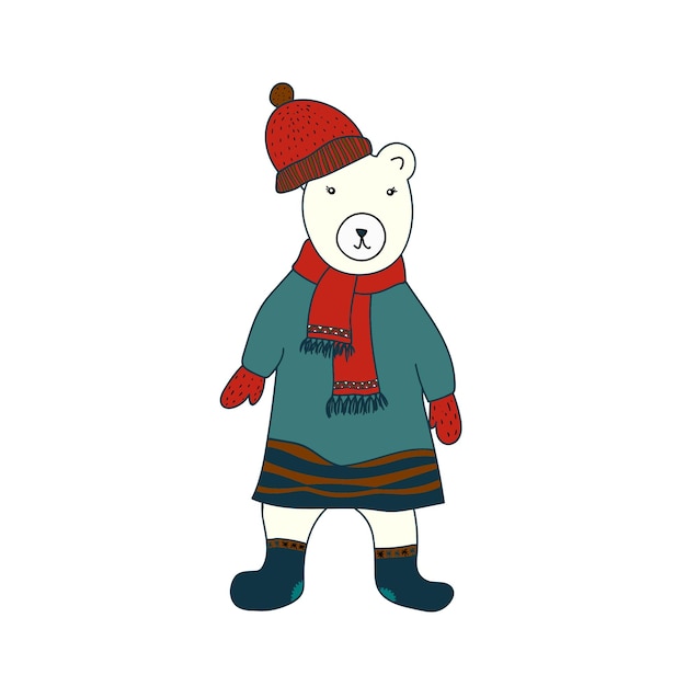 Funny bear dressed in coat scarf and cap Cartoon style Vector illustration for coloring book stickers cards