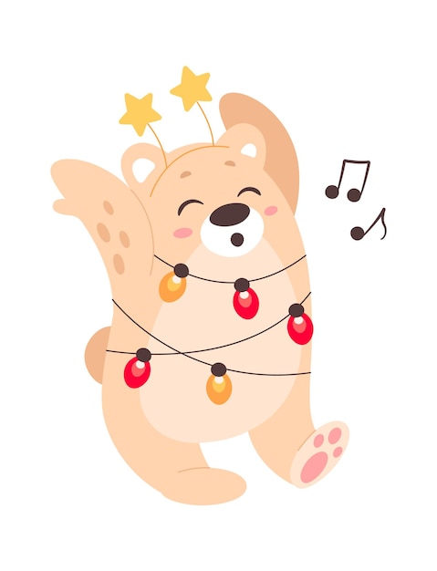 Funny bear sing flat icon Christmas childish animal