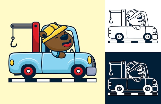 Funny bear wearing worker helmet on tow truck. cartoon illustration in flat style