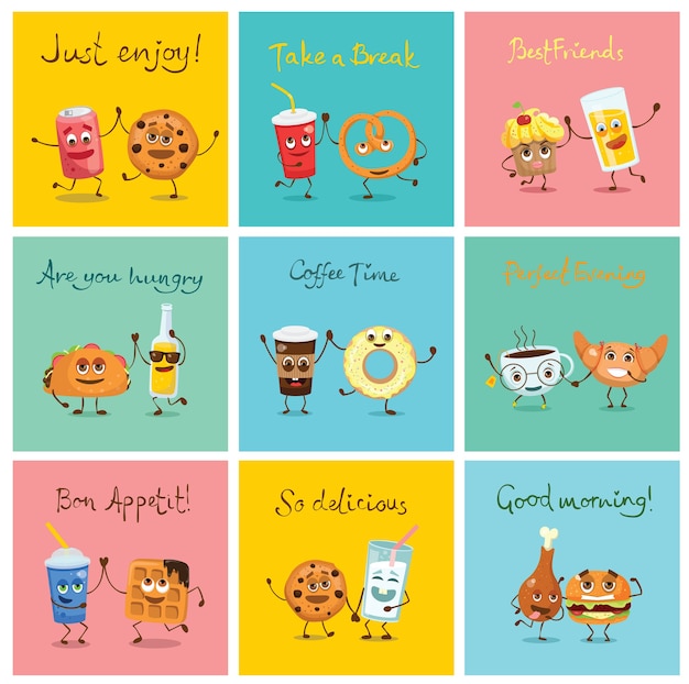 Vector funny best friends food characters with emotions, includes fast food and fruits, illustrations in flat style