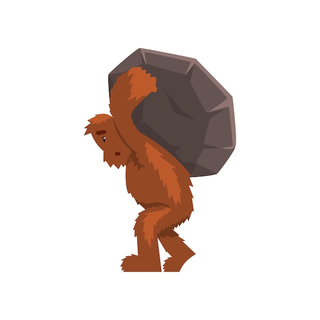 Funny bigfoot carrying heavy stone on his back mythical creature cartoon character vector Illustration isolated on a white background