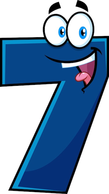 Funny Blue Number Seven 7 Cartoon Character. Vector Hand Drawn Illustration