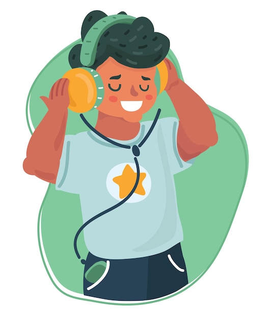 Funny boy cartoon listening music Kid with Headphone