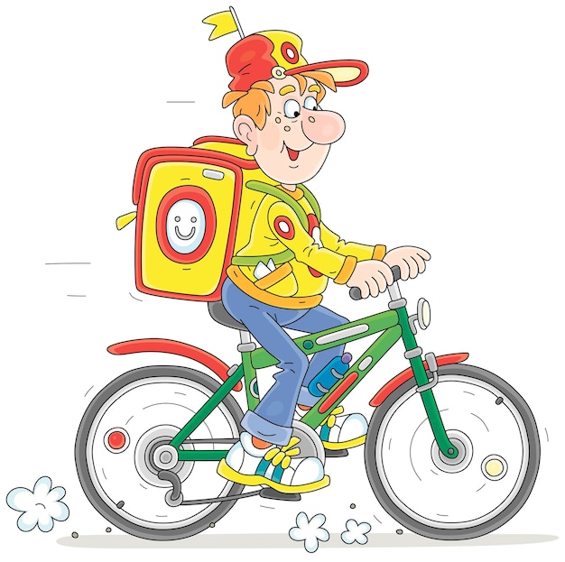 Funny boy courier riding a bike with a backpack and delivering ordered goods to waiting customers